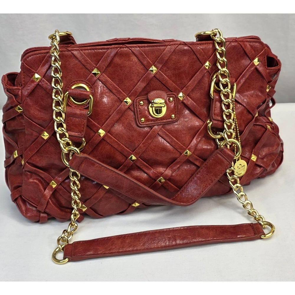 Red‎ Woven Leather Studded Satchel Bag Gold Chain Strap Handbag